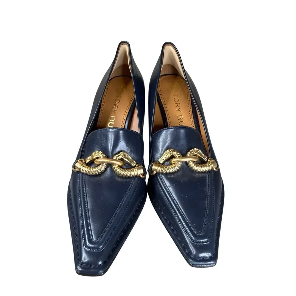 Tory Burch Jessa Pointed Toe Leather Pumps Navy Gold Chain Heels Size 7M
